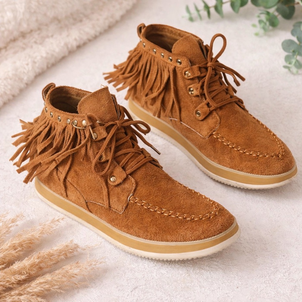 Brown Suede Fringe Moccasin Boots Women’s Size 41 Boho Western Ankle Booties